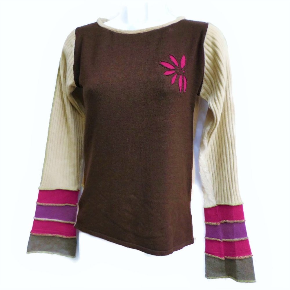 Vintage Sweater Pullover Boat Neck Color Block Cuff Reverse Weave Earthy Soft XS